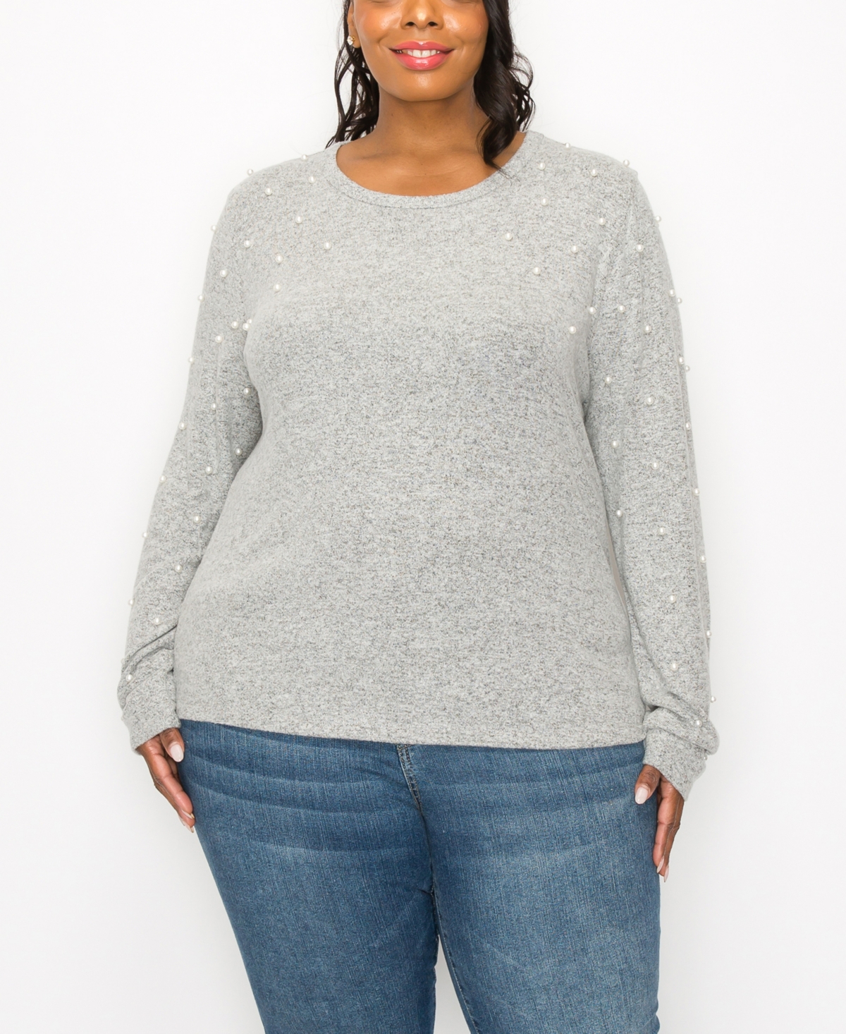 Plus Size Long Sleeve Pullover Top with Imitation Pearls - Heather Gray