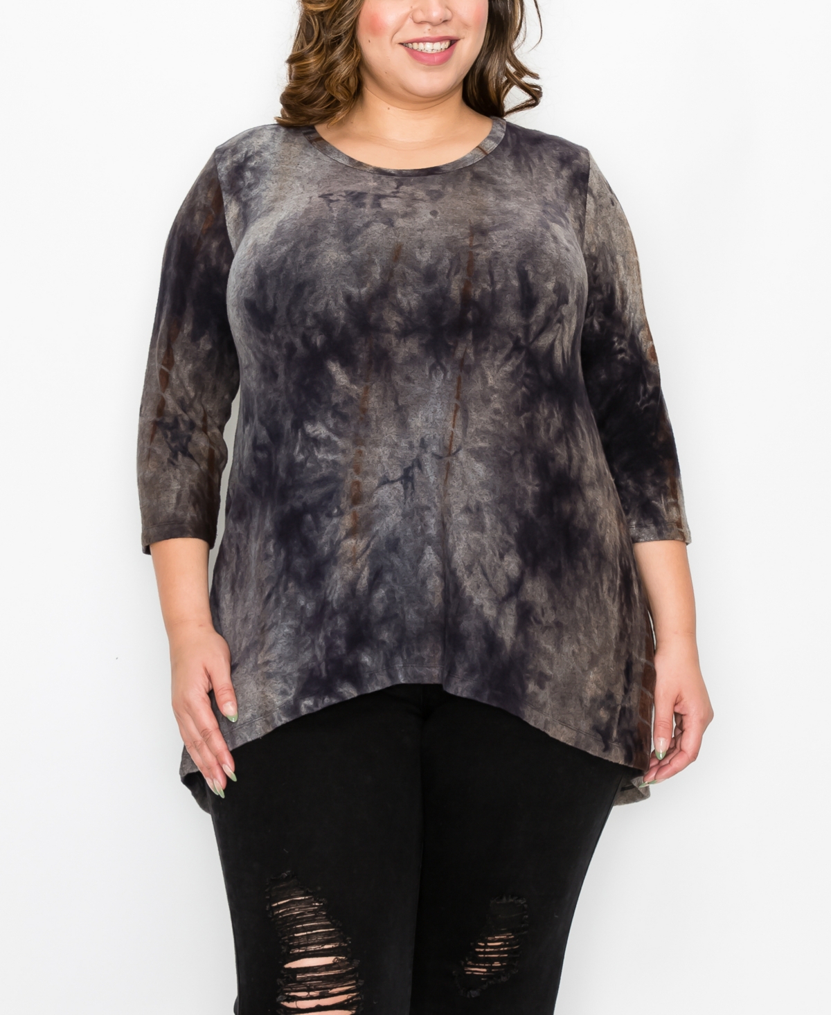 Plus Size Tie Dye Cozy 3/4 Sleeve Button Back Top - Navy Brown