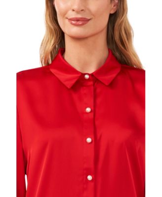 Women's Luxe Satin Imitation Pearl Button Down Blouse