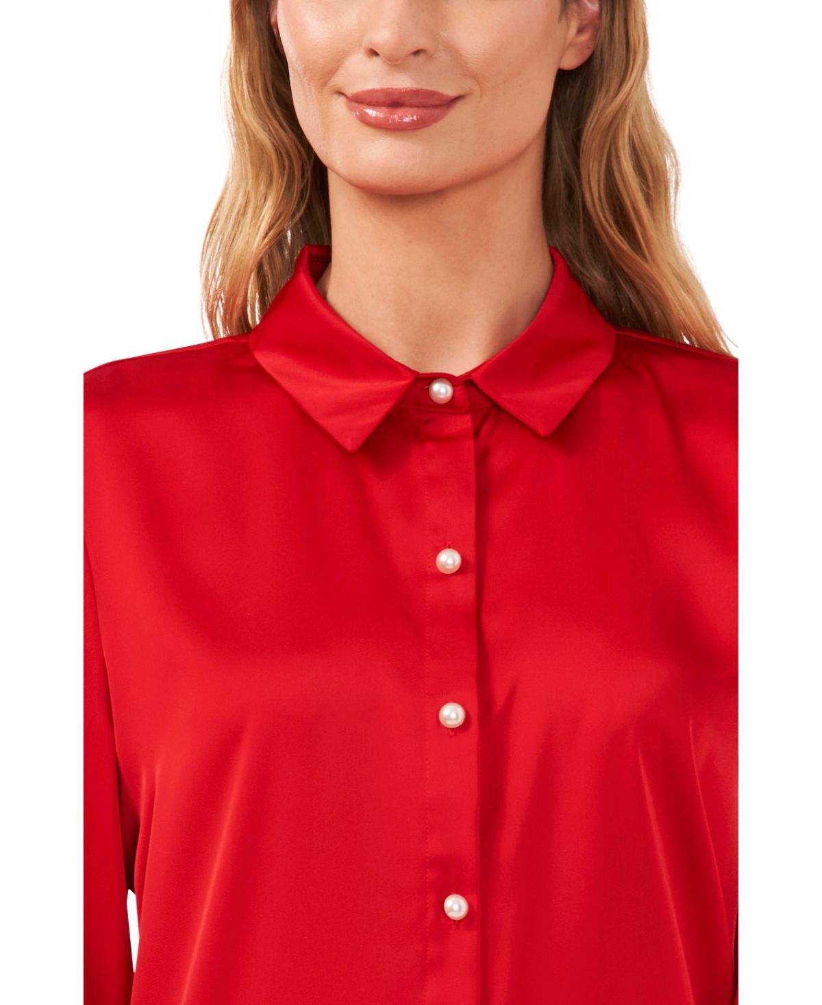 Cece Women's Luxe Satin Imitation Pearl Button Down Blouse In Red