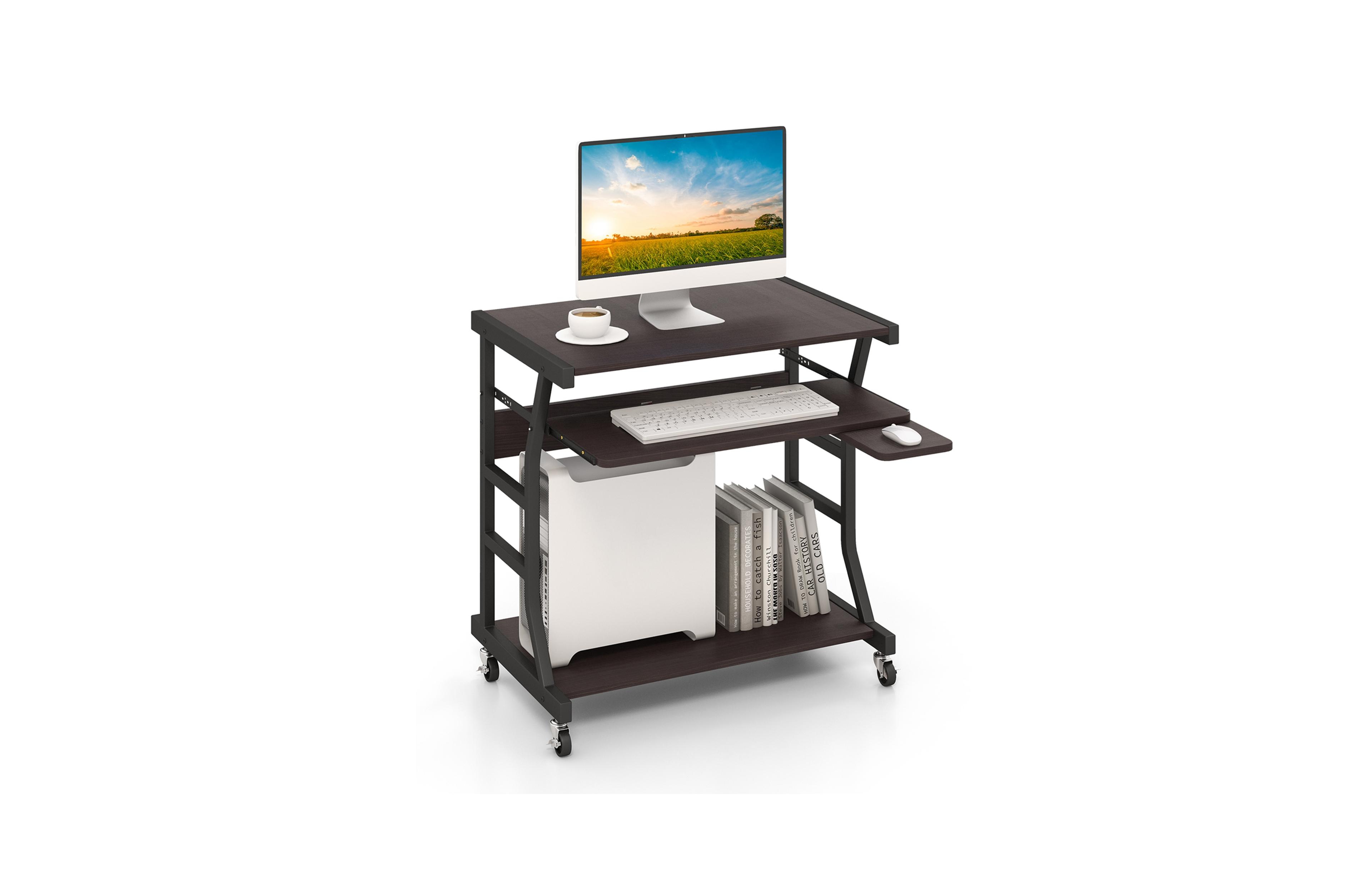 Costway 29.5'' Mobile Computer Desk Rolling Laptop Cart with Pull-out Keyboard Tray & Shelf