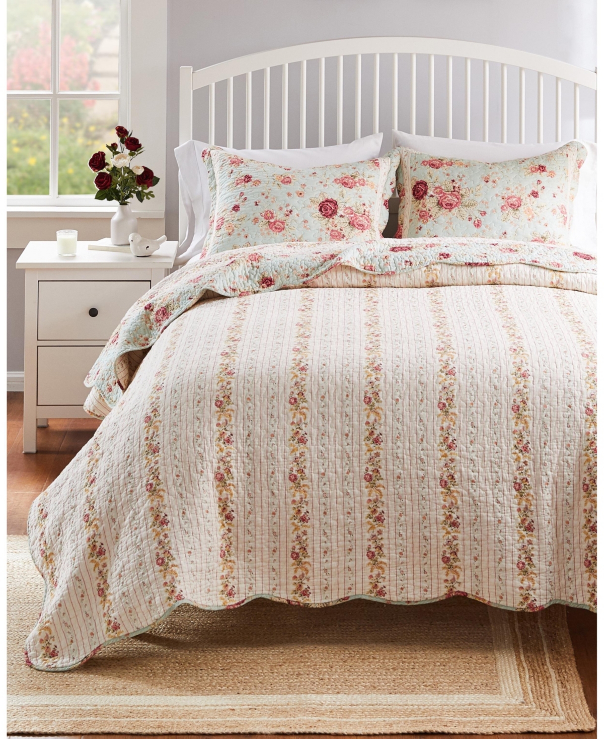 Shop Greenland Home Fashions Antique-like Rose 100% Cotton Reversible 2 Piece Quilt Set, Twin/xl In Blue