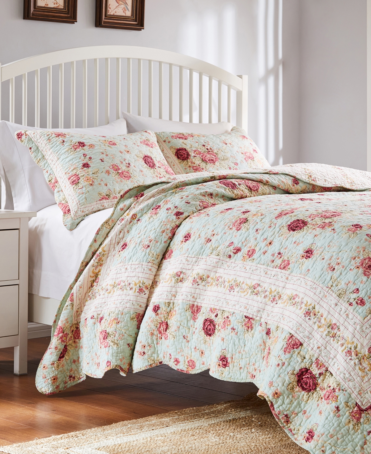 Greenland Home Fashions Antique Rose 100% Cotton Reversible 3 Piece Quilt Set, Full/queen In Blue