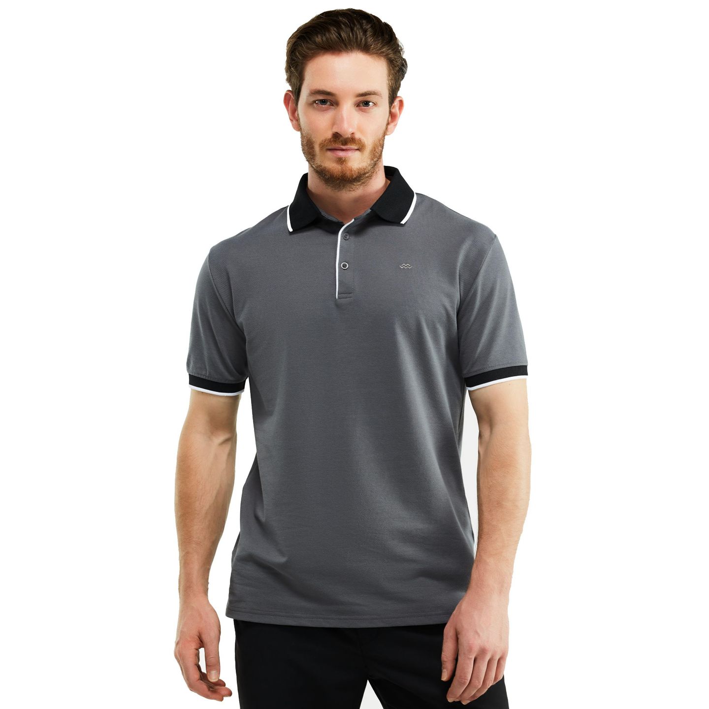 Мужское поло Mio Marino Classic-Fit Cotton-Blend Pique Polo Shirt with Contrast Collar, цвет: Угольный серый — фото 1