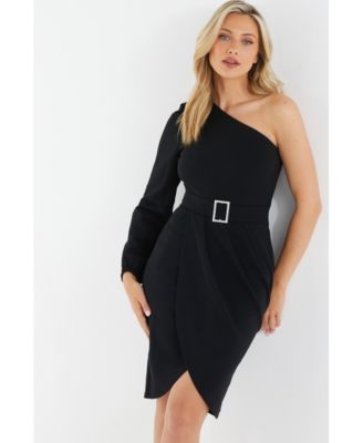 black buckle mini dress Bold Cutie Halter Buckle Crepe Mini Dress