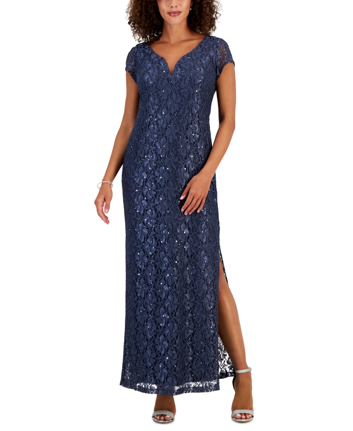 Connected Women's Sequined-lace Maxi Dress In Charcoal