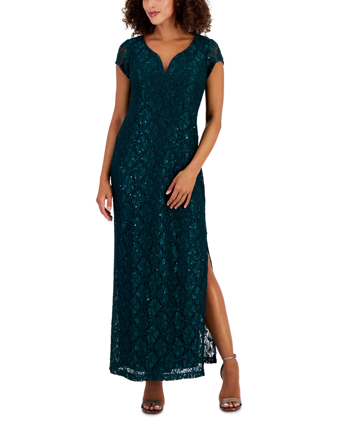 Connected Women's Sequined-lace Maxi Dress In Hunter