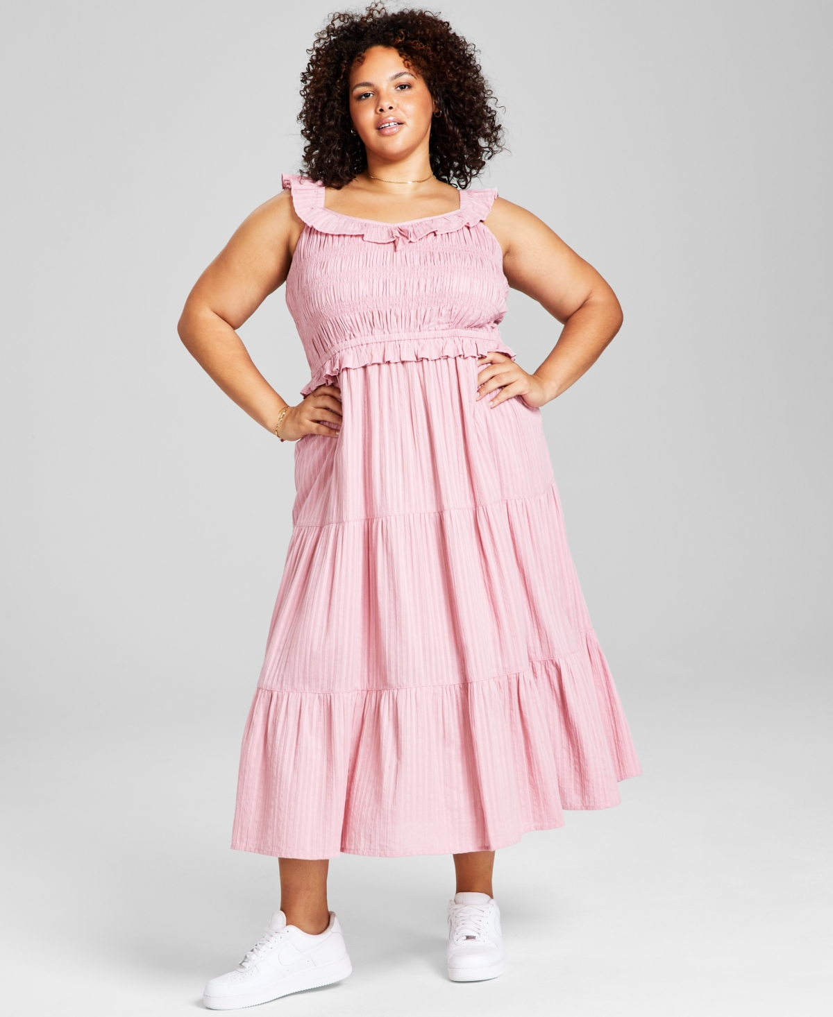 And Now This Trendy Plus Size Ruffled Smocked-top Dress, Created For Macy's In Blushing Bloom