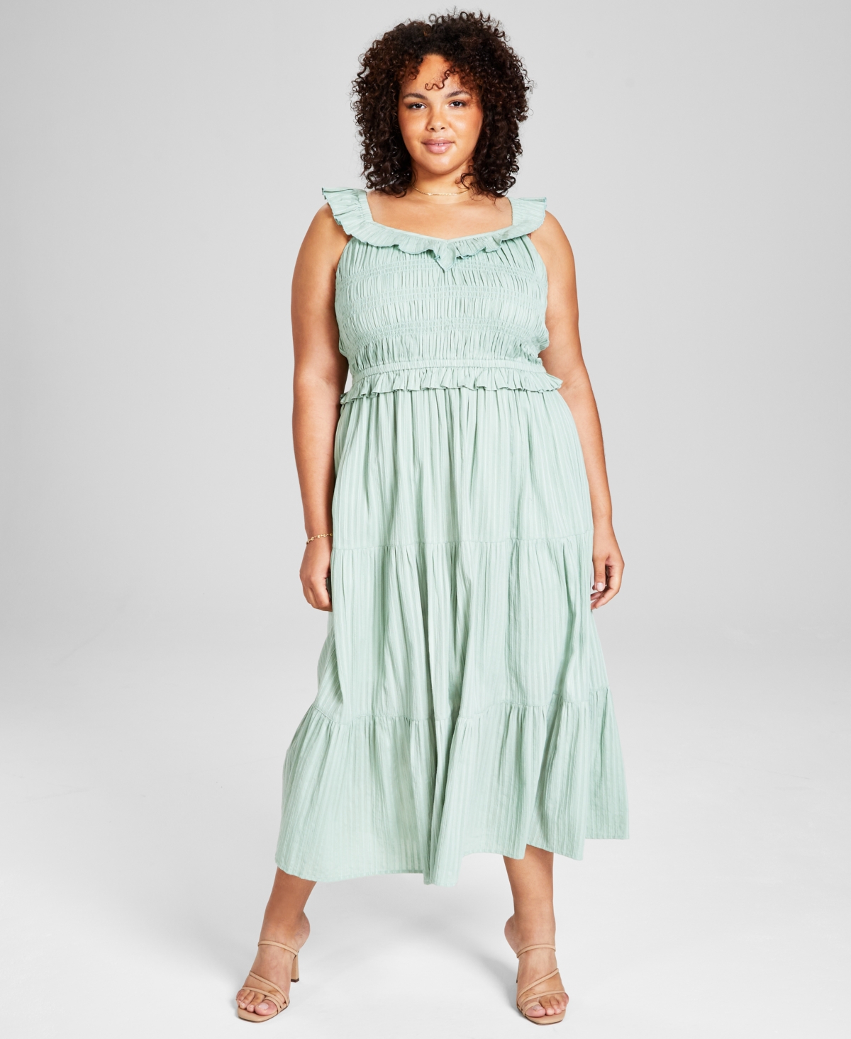 And Now This Trendy Plus Size Ruffled Smocked-top Dress, Created For Macy's In Green Pond