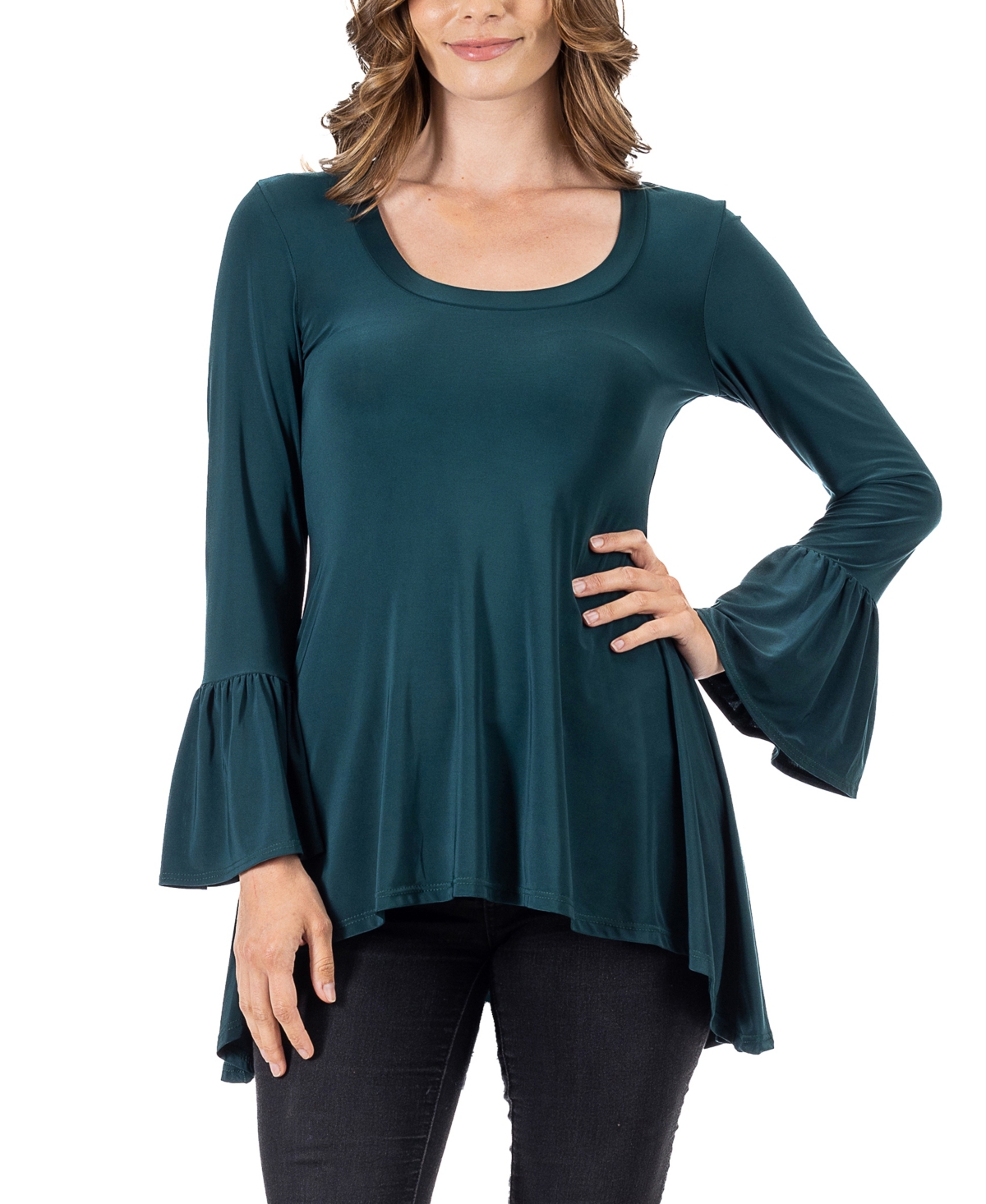 24seven Comfort Apparel Women's Long Bell Sleeve High Low Tunic Top