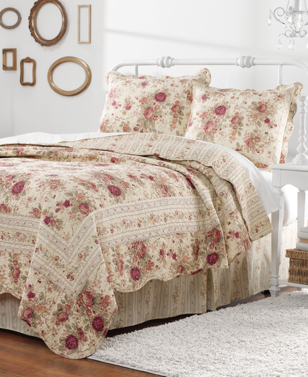 Greenland Home Fashions Antique-like Rose 100% Cotton Reversible 3 Piece Quilt Set, Full/queen In Ecru