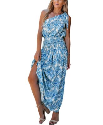 Rococo Sand Metallic Clip Dot Floral Print Smocked Mini Dress