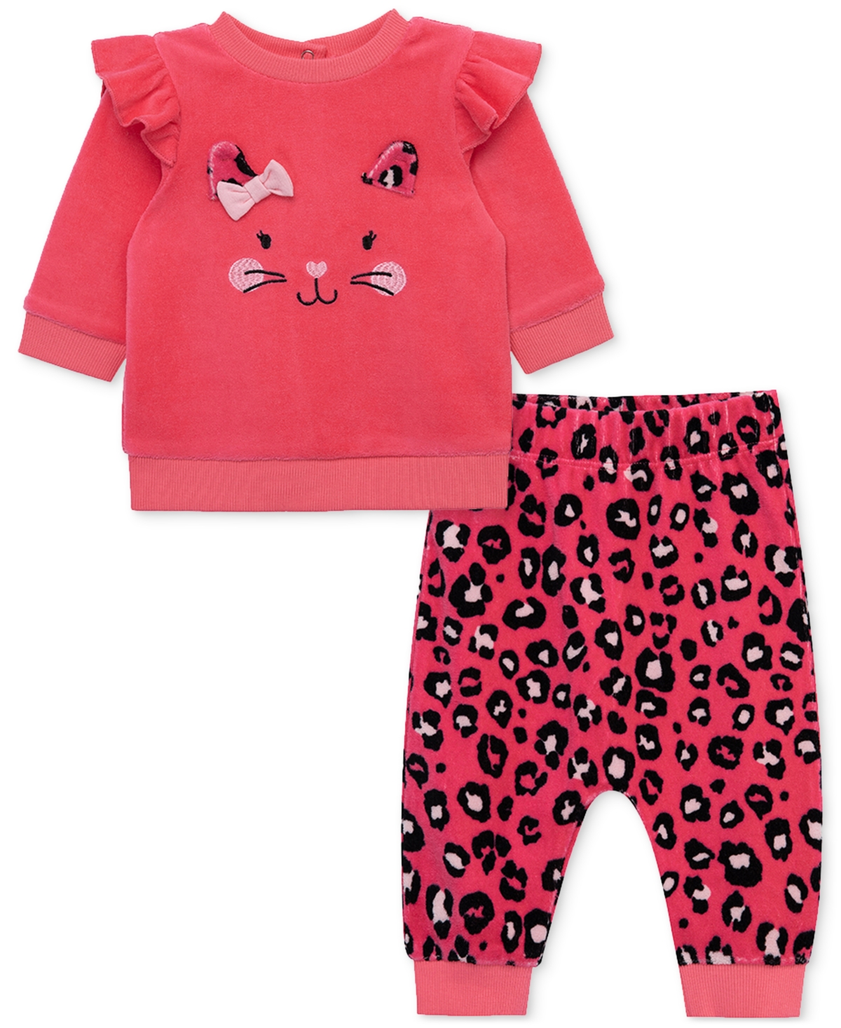 Little Me Baby Girls Leopard Kitty 2-pc. Velour Top & Pants Set In Camelia Rose