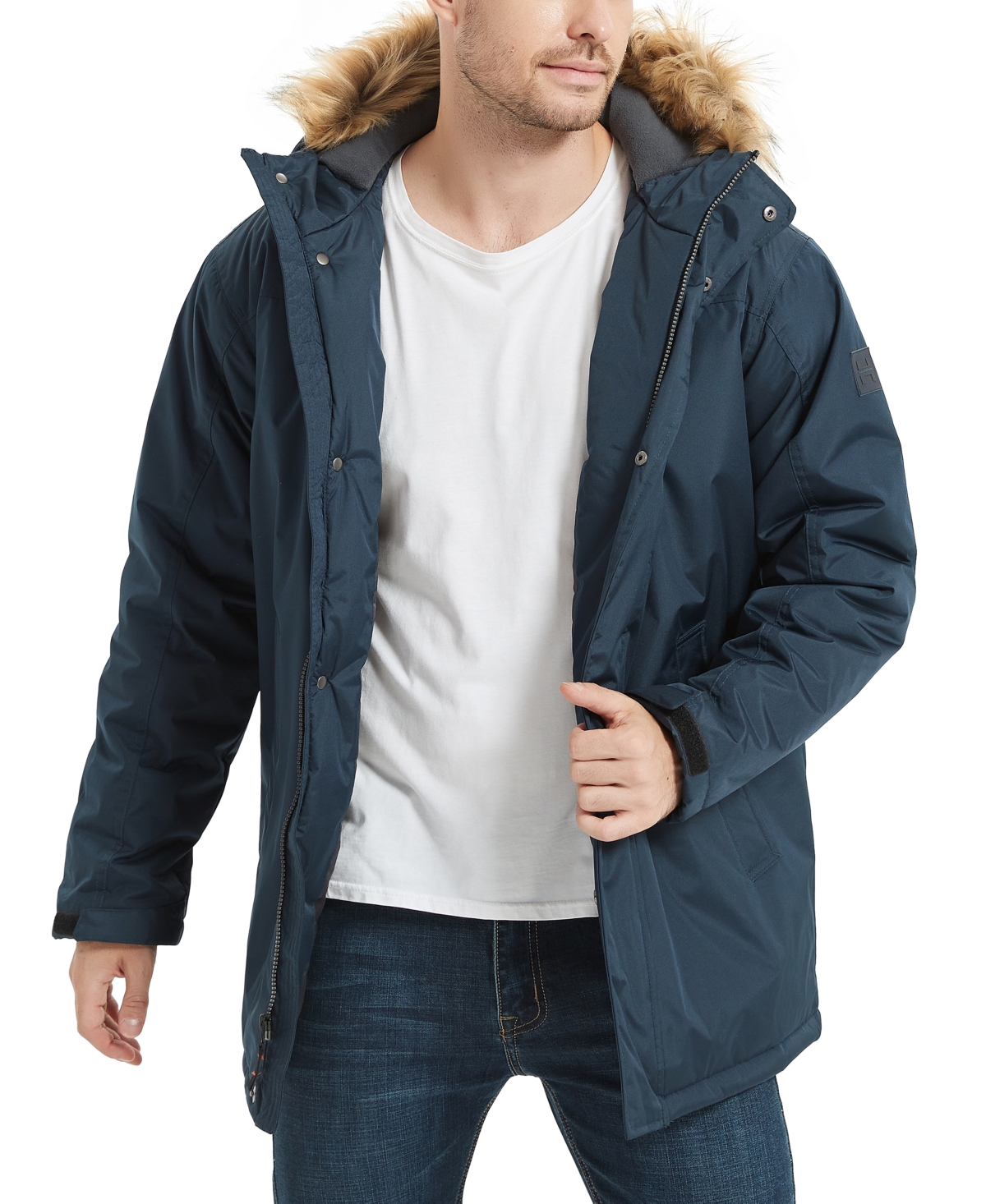 Men's Hooded Full-Zip Snorkel Jacket with Faux-Fur Trim Hood - Hawke Navy