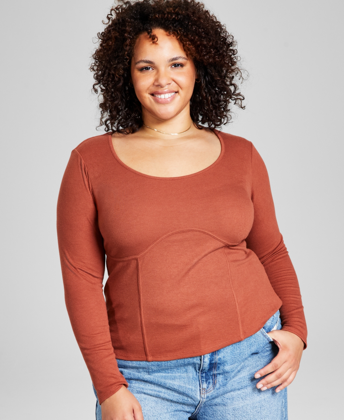 And Now This Plus Size Rib-knit Corset Top In Rusted Brown