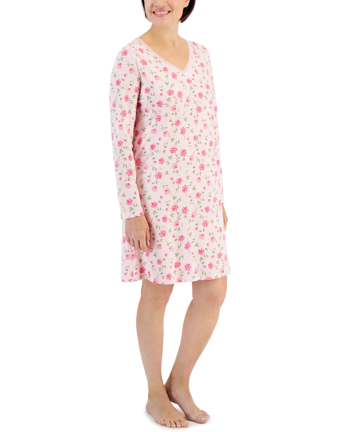Charter Club Women's Cotton Long-sleeve Lace-trim Sleepshirt, Created For Macy's In Sweet Roses