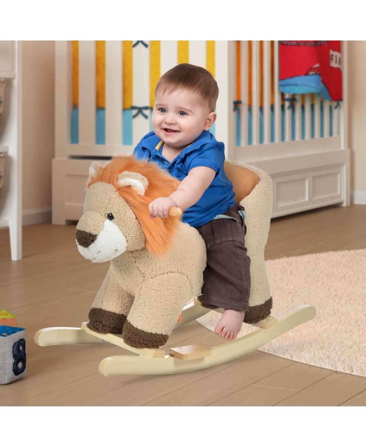 Qaba Baby Rocking Horse Lion with Sound, Plush Stuffed Rocking Animals, Wooden Rocking Horse with Seat Belt for 18-36 Months Boys and Girls Gift, Brow