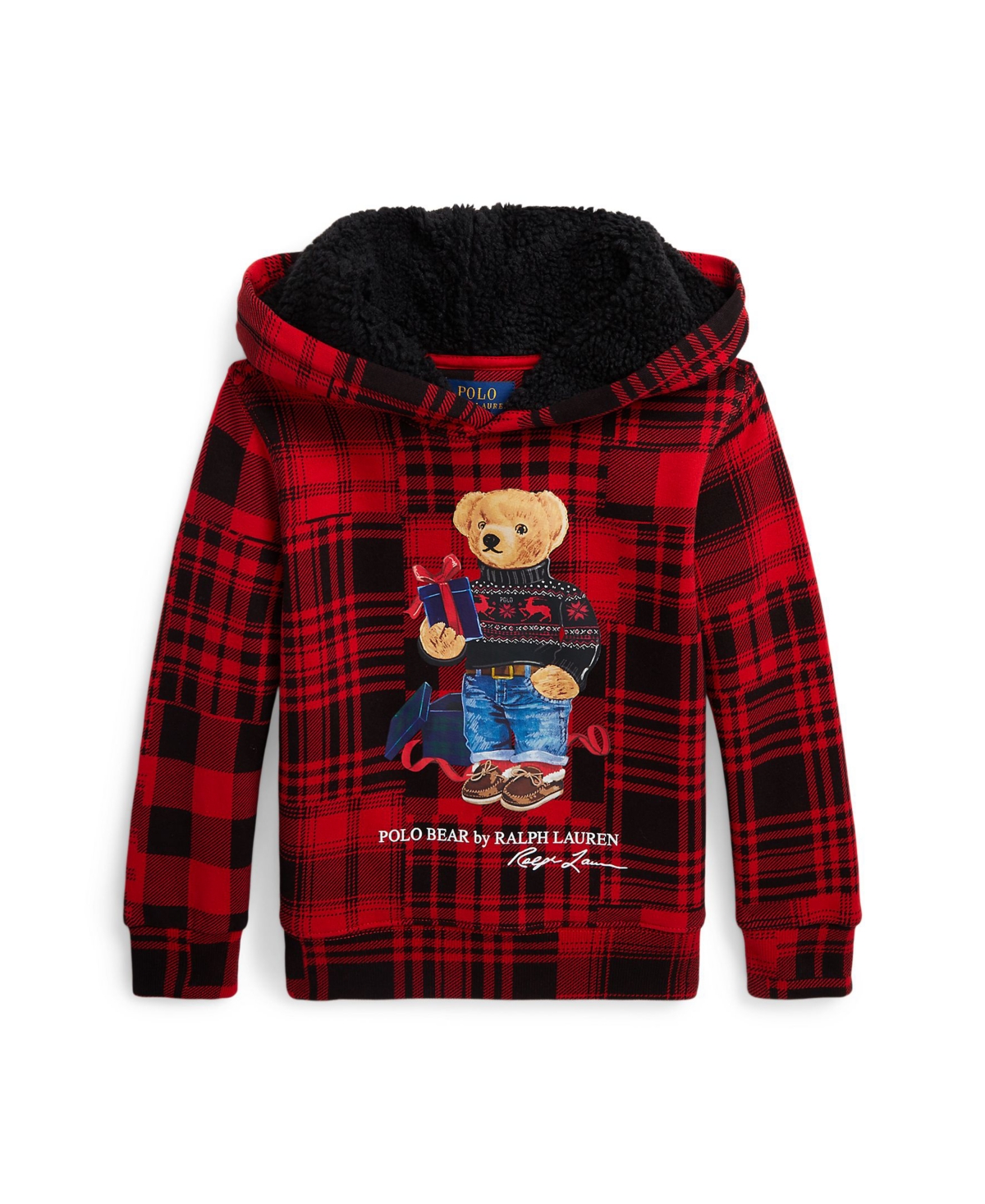 Polo Ralph Lauren Kids' Big Boys Polo Bear Plaid Fleece Hoodie In Martin Red Multi Gift Bear
