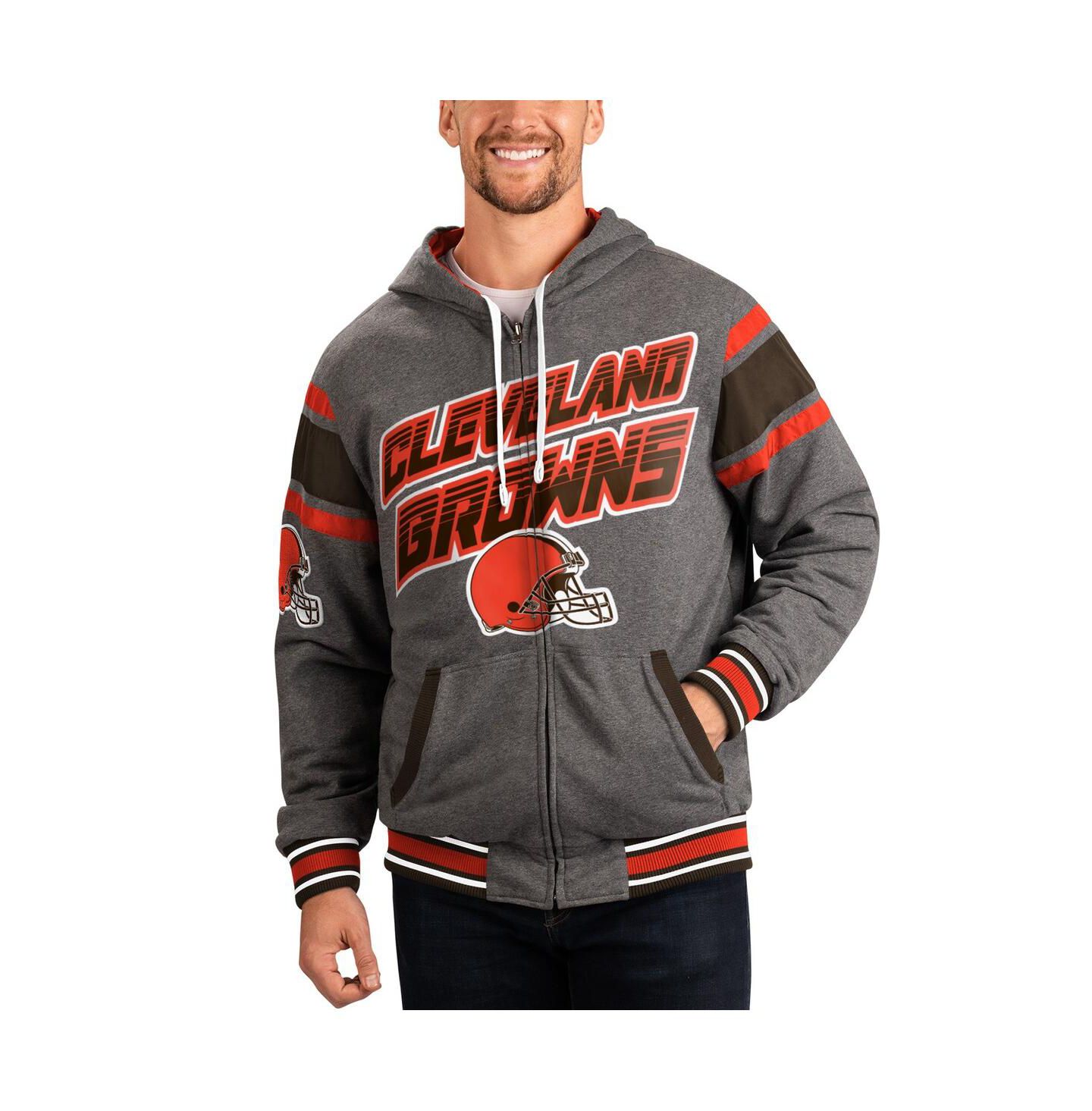 Мужские худи G-III Sports by Carl Banks Brown, Gray Cleveland Browns Extreme Full Back Reversible Full-Zip Jacket — фото 1