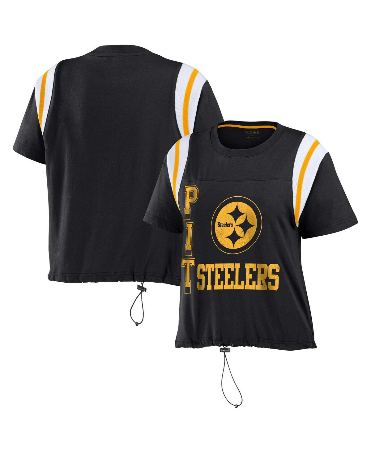 Wear By Erin Andrews Black/gold Pittsburgh Steelers Color Block Modest Crop Long Sleeve T-shirt In Black
