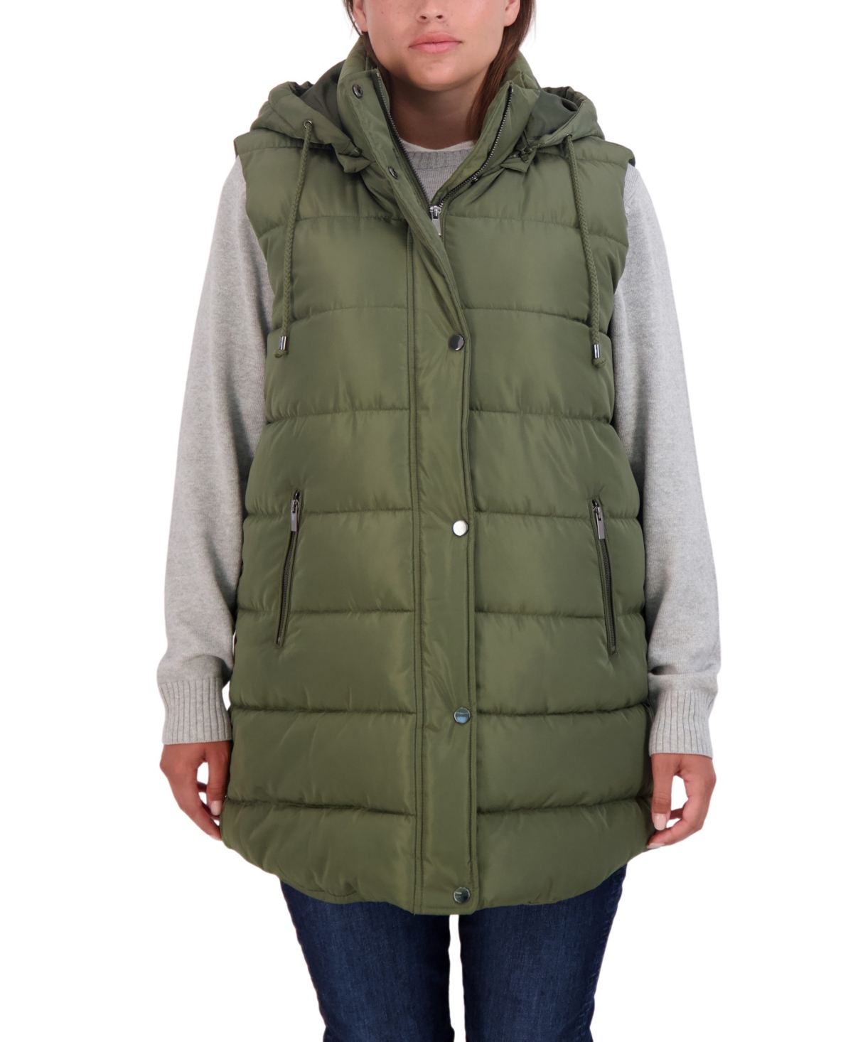 Plus Size Long Puffer Vest Jacket with Detachable Hood - Olive
