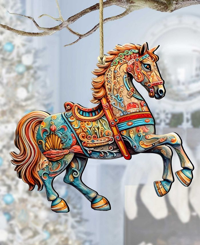 Designocracy Carousel Horse Christmas Wooden Ornaments Holiday