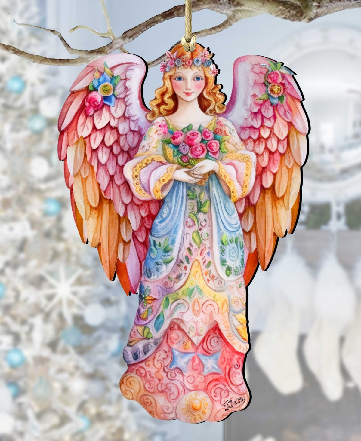 Designocracy Floral Angel Christmas Wooden Ornaments Holiday Decor G. Debrekht In Multi Color