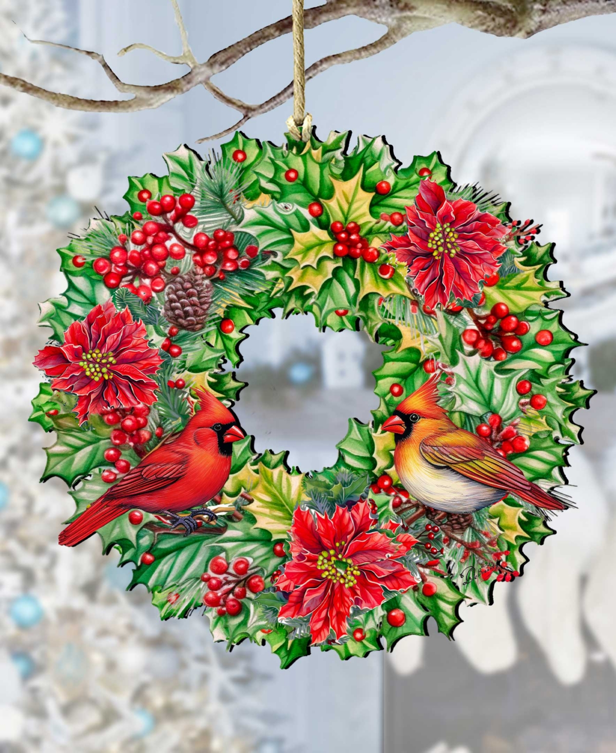 Designocracy Holiday Cardinal Garland Wreath Christmas Wooden Ornaments G. Debrekht In Multi Color