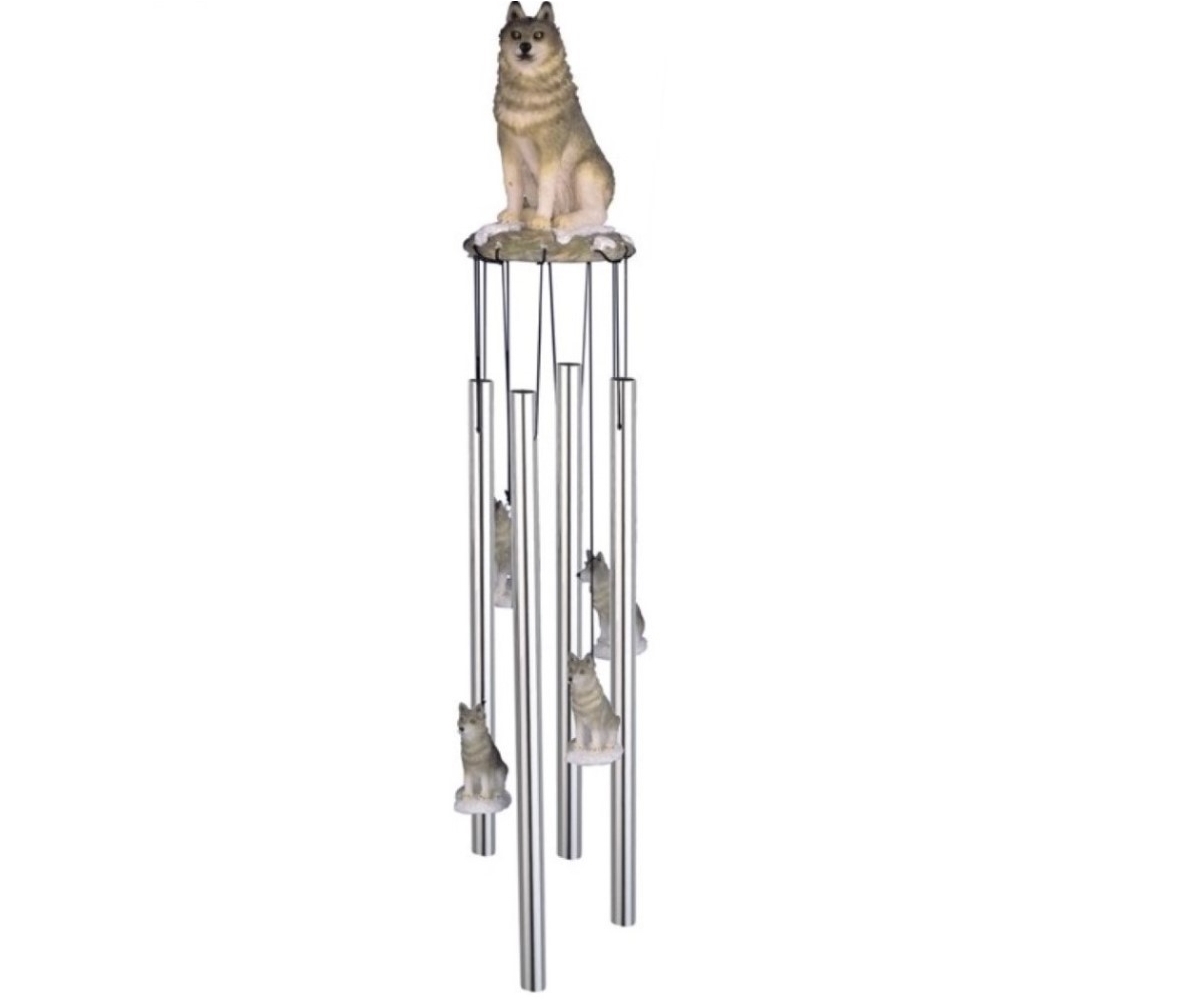 23" Long Round Top Wolf Wind Chime - Silver