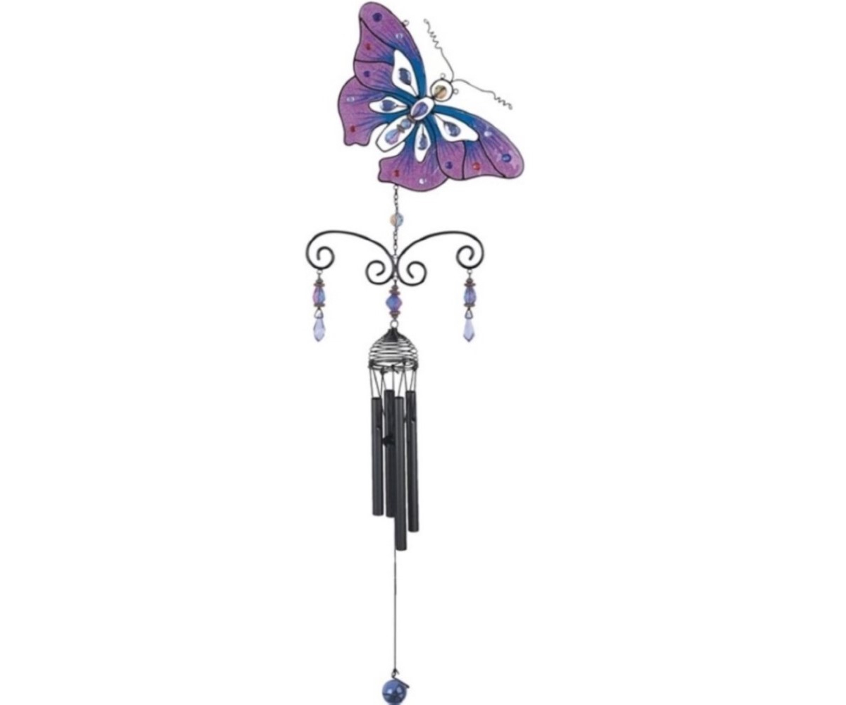 32" Long Pink Butterfly Wind Chime with Black Gem - Multi