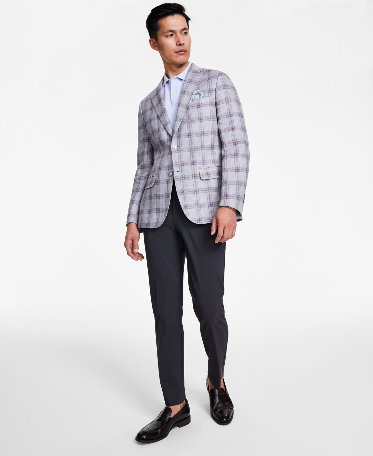Shop Tallia Men's Slim-fit Plaid Linen Sport Coat In Purple,grey