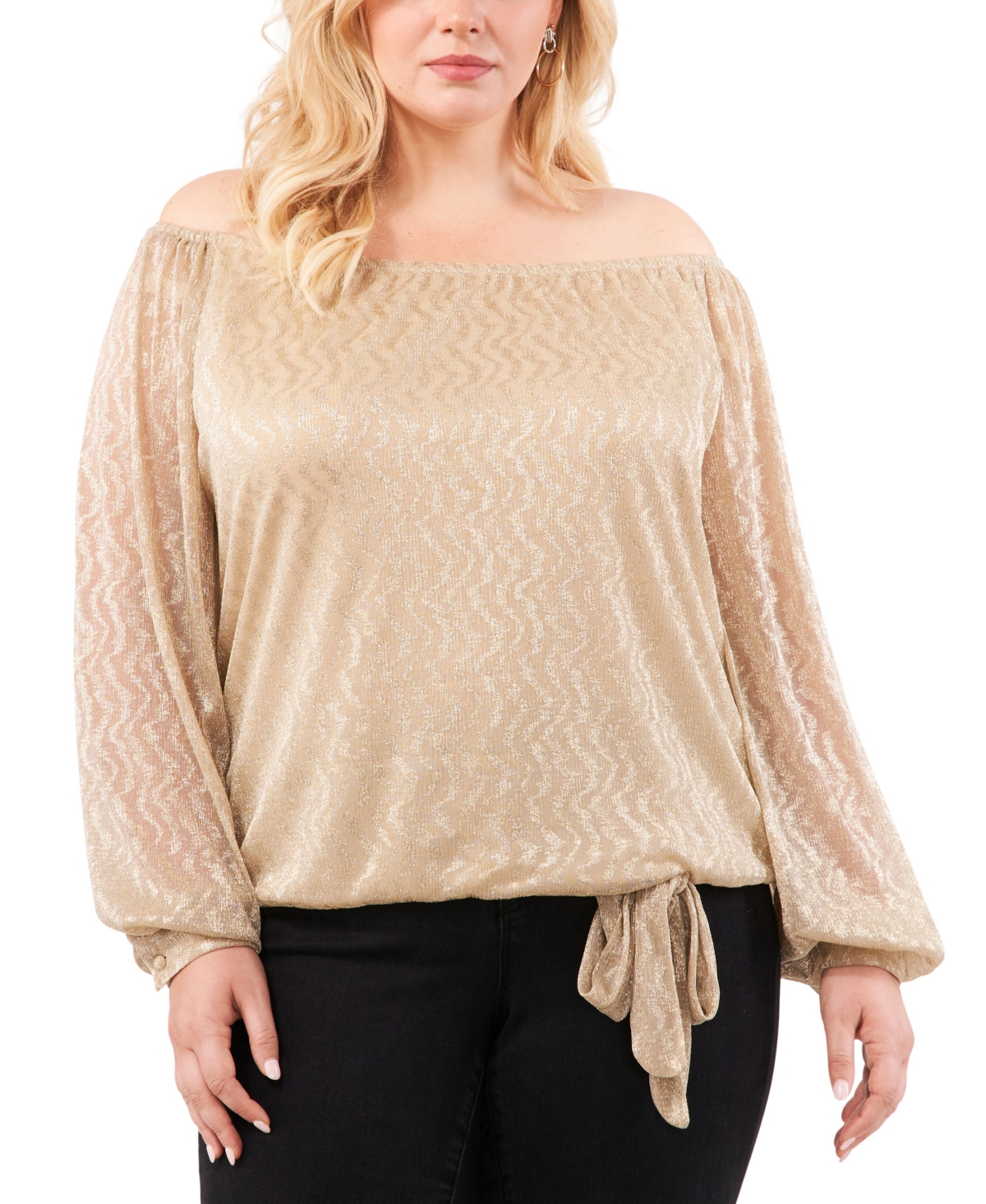 VINCE CAMUTO PLUS SIZE OFF-THE-SHOULDER TIE-HEM BUBBLE-SLEEVE METALLIC BLOUSE