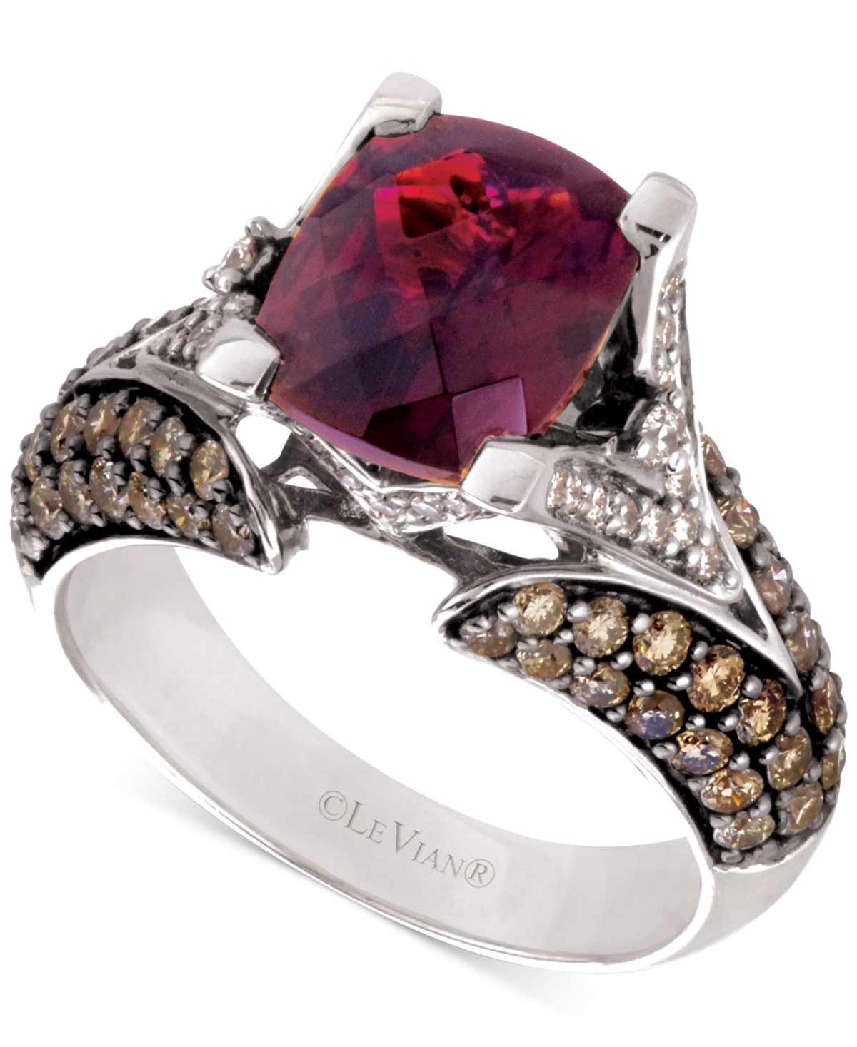 Raspberry Rhodolite Garnet (3 ct. t.w.), Chocolate Diamonds (1-1/5 ct. t.w.) and White Diamond Accent Ring in 14k Rose Gold (Also Available in