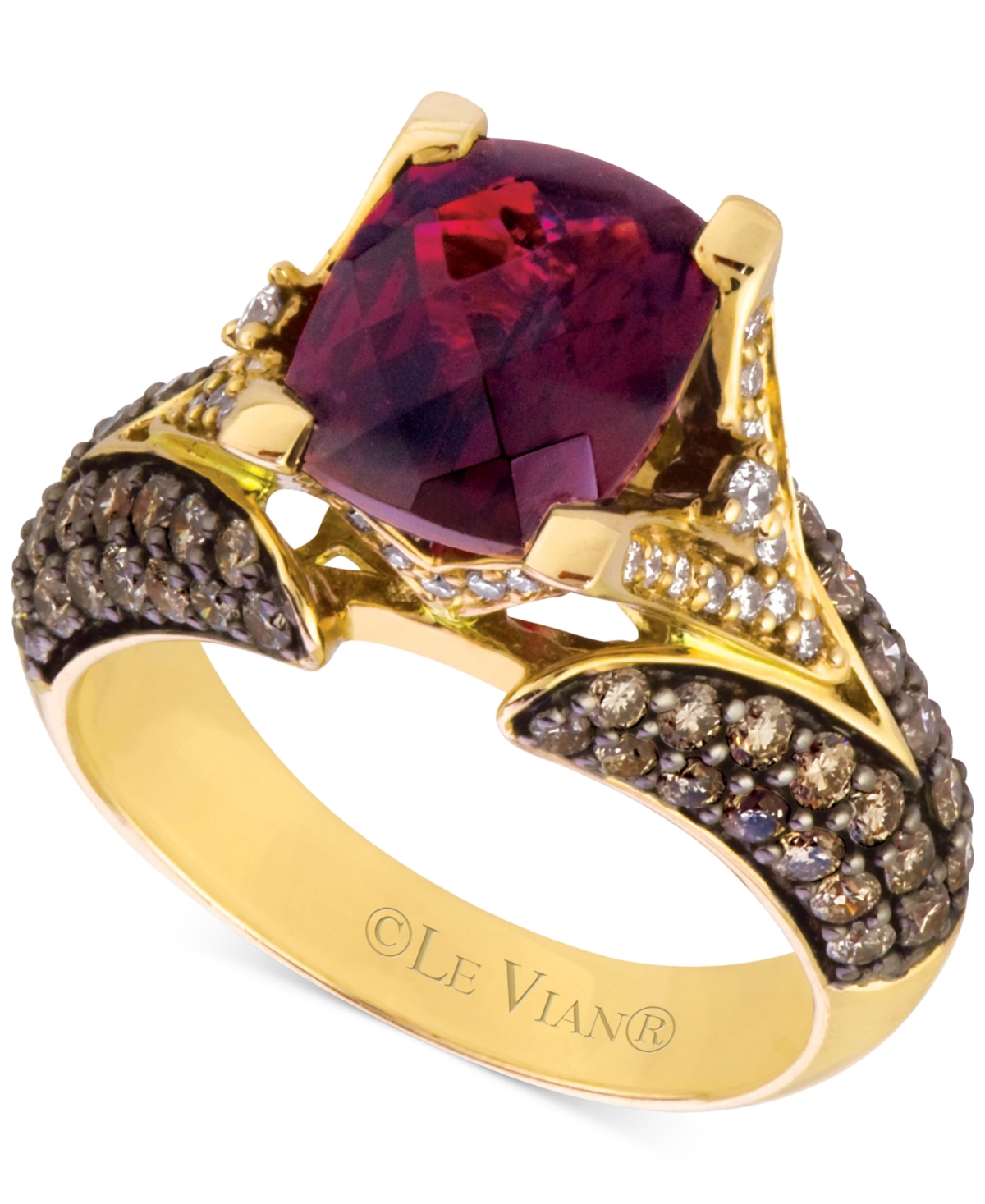 Le Vian Raspberry Rhodolite Garnet (3 Ct. T.w.), Chocolate Diamonds (1-1/5 Ct. T.w.) And White Diamond Accen In Yellow Gold