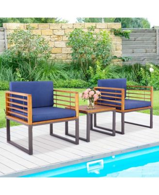 3pcs Patio Acacia Wood Bistro Conversation Cushioned Chair & Table Set Outdoor