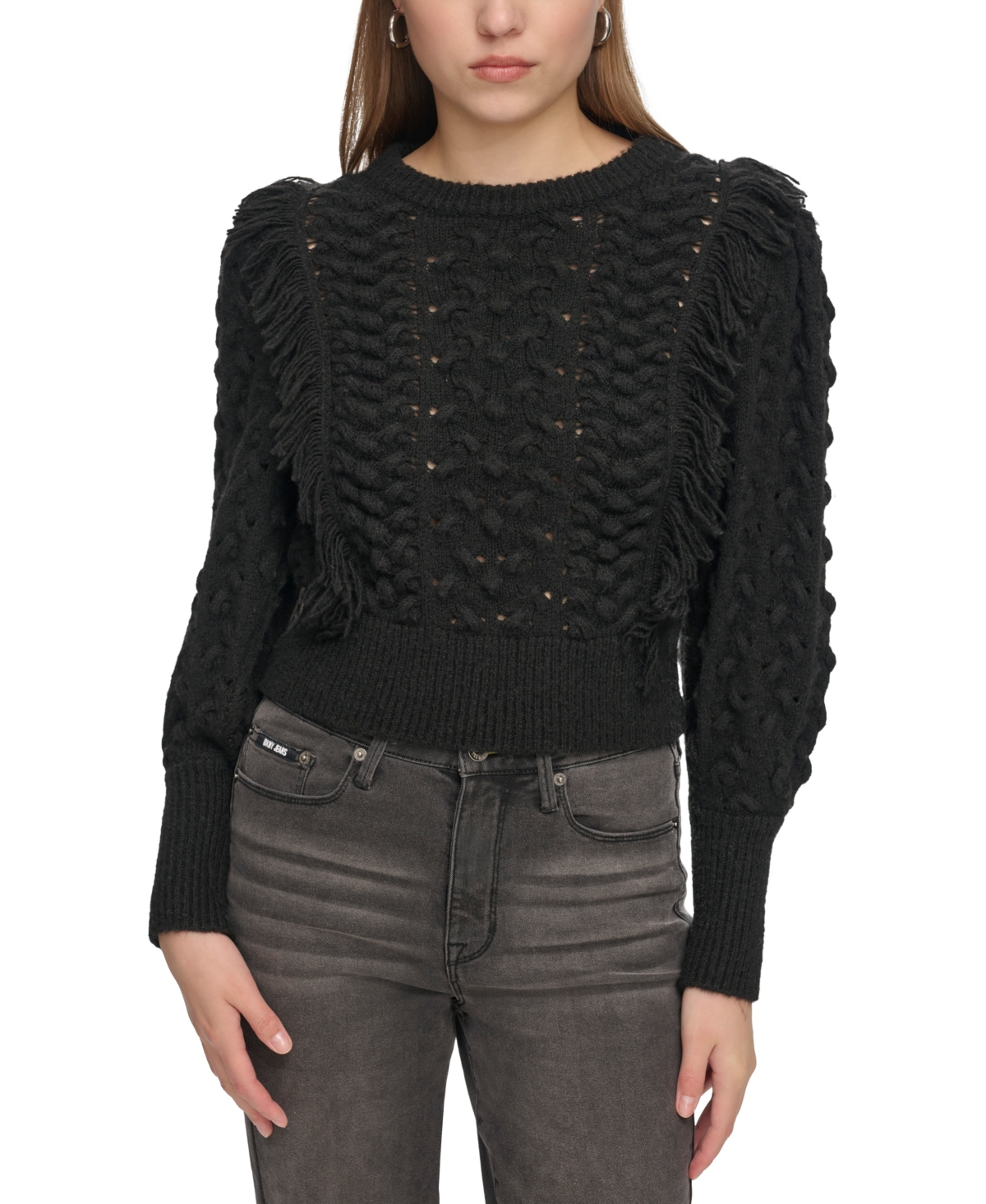 Women's Crewneck Long-Sleeve Flange Sweater - Black