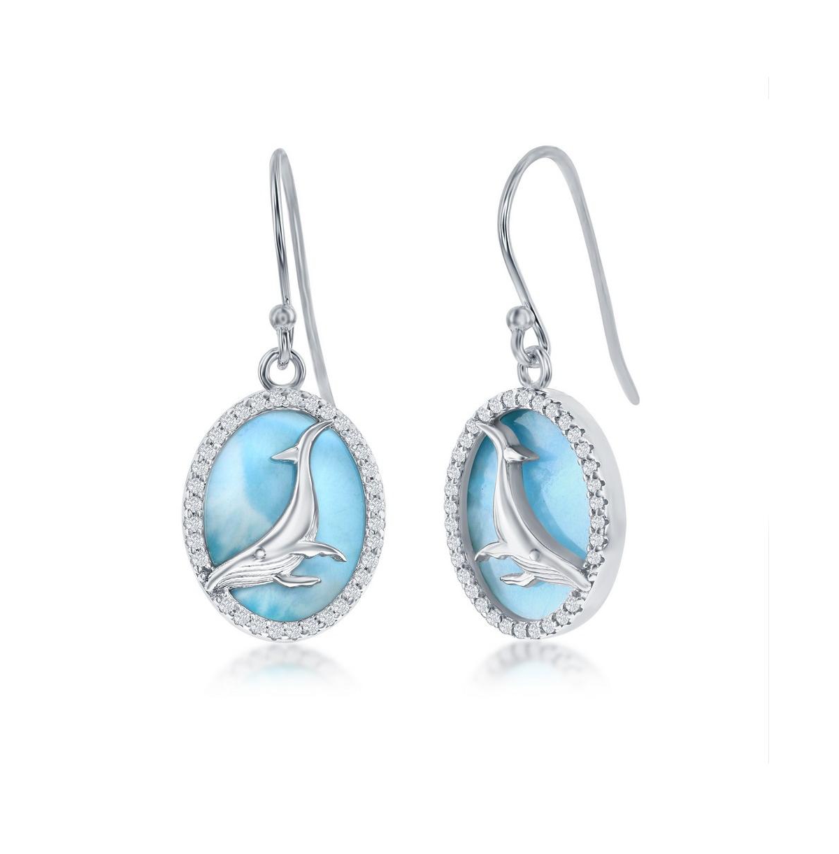 Sterling Silver Larimar w/ Center Whale and Cz Outline Oval Earrings - Blue