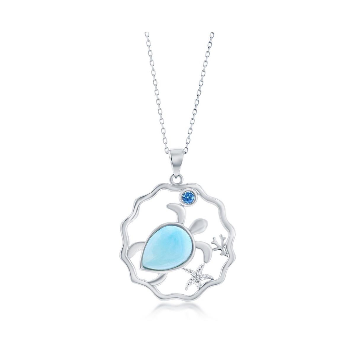Sterling Silver Larimar Turtle & Small Blue Cz Necklace - Blue