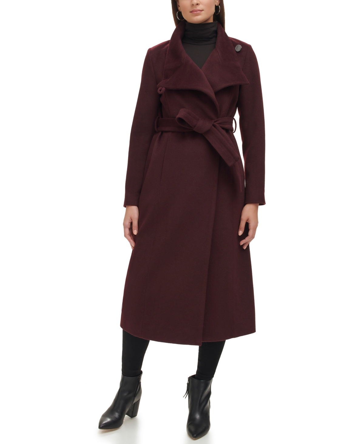Kenneth Cole Women s Belted Maxi Wool Coat With Fenced Collar In