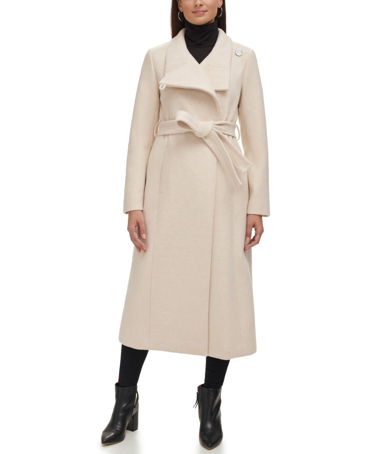 Shop Kenneth Cole Women's Belted Maxi Wool Coat With Fenced Collar In Beige