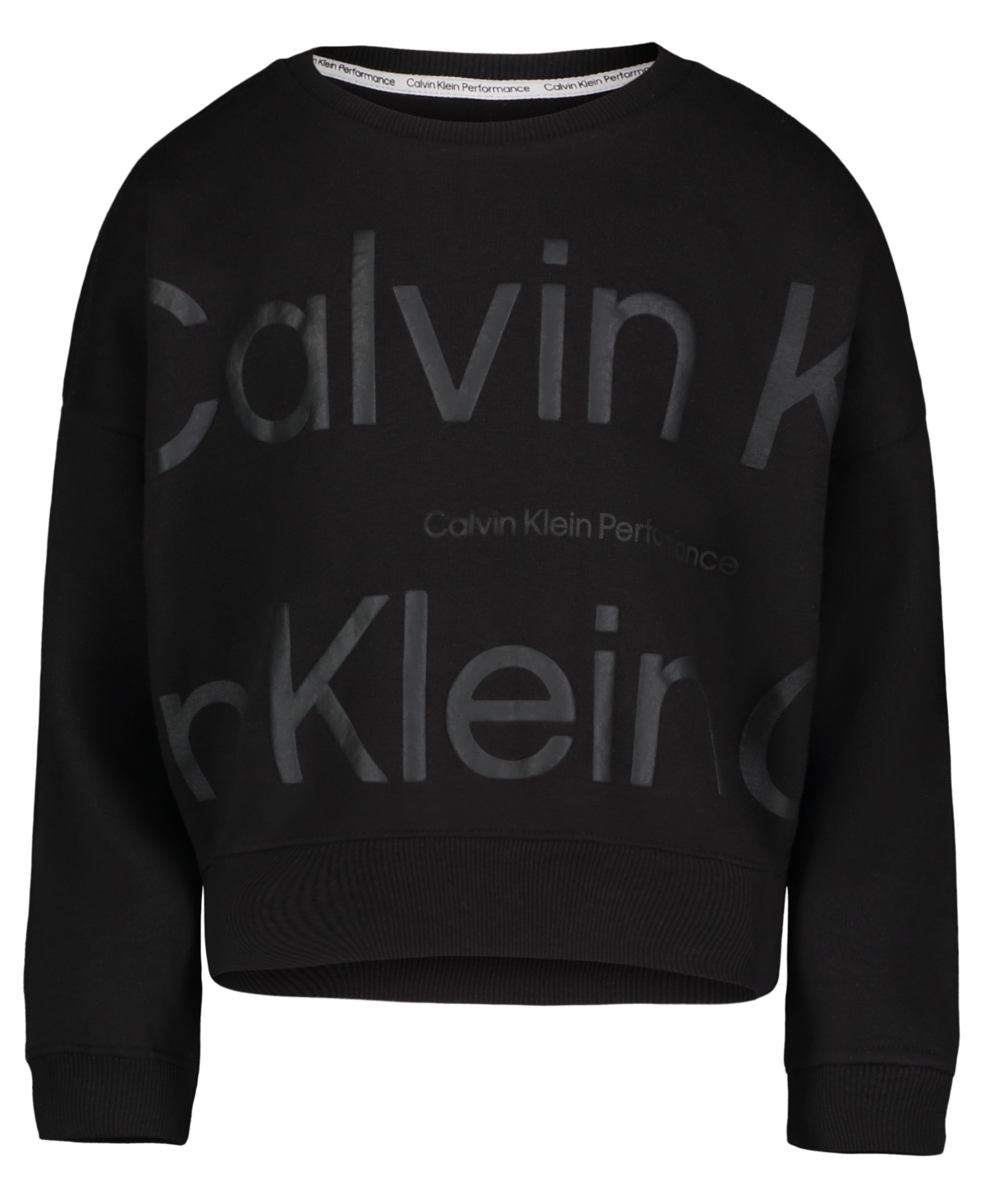 Calvin Klein Kids' Performance Big Girls Tonal Logo Fleece Crewneck Sweatshirt In Black