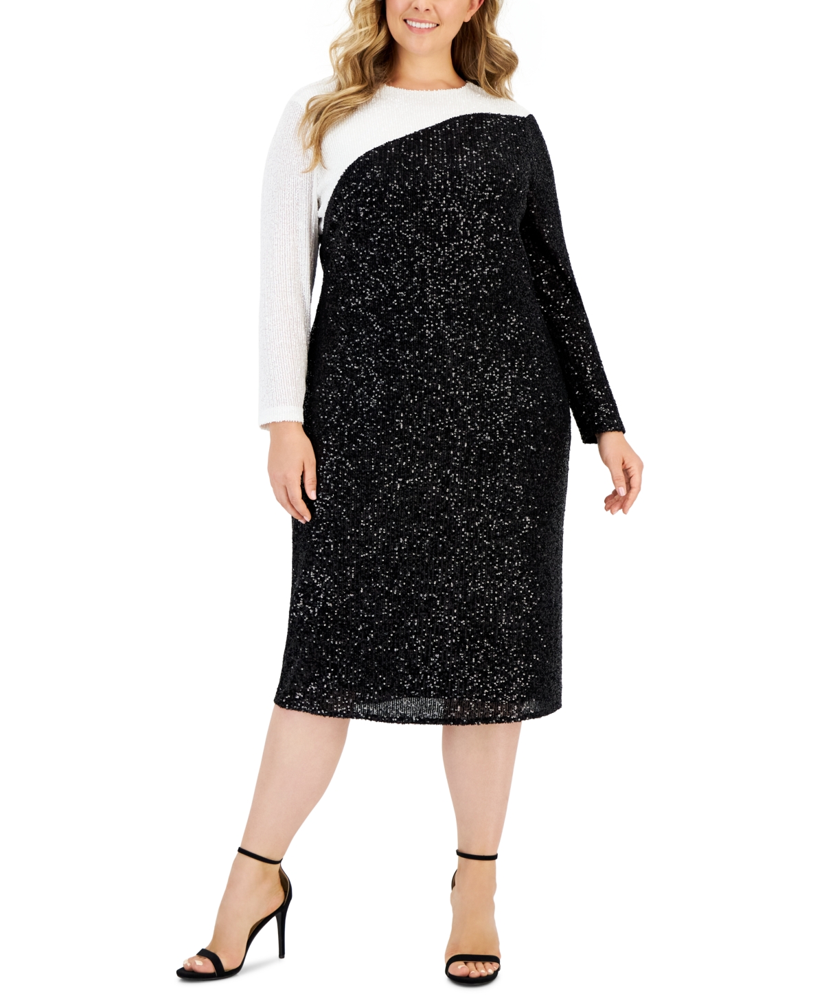 Anne Klein Plus Size Sequined Colorblocked Long-sleeve Dress In Anne Black,anne White