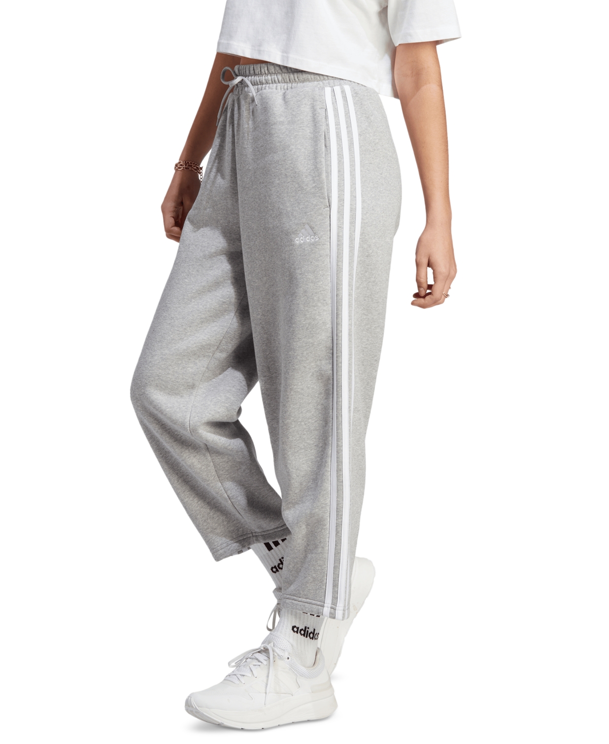 Shop Adidas Originals Women's 3-stripes Open Hem Fleece Joggers In Medium Grey Heather,white