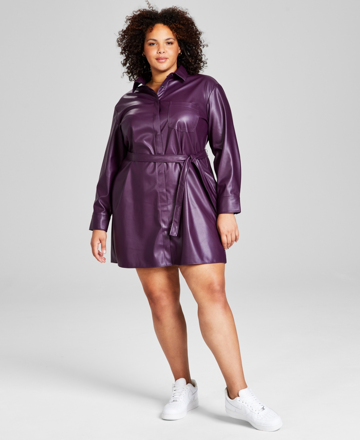 And Now This Trendy Plus Size Faux-leather Shirt Dress In Blackberry Tart