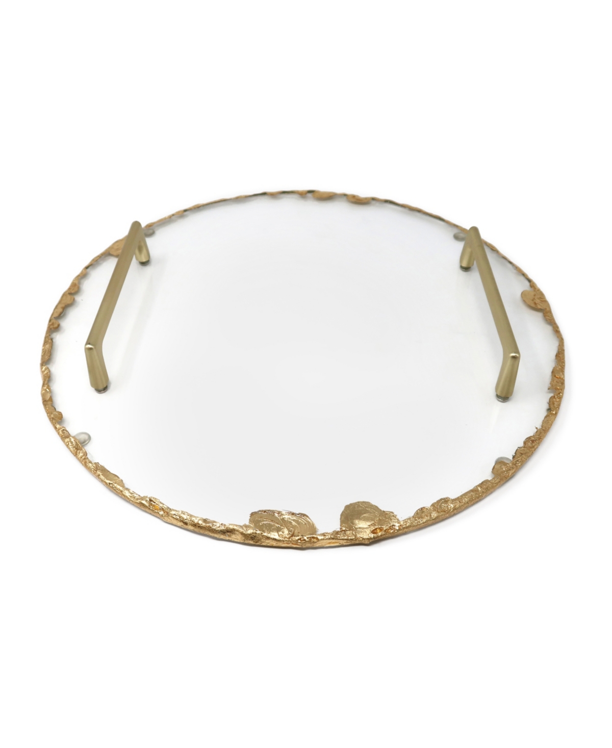 CLASSIC TOUCH ROUND GLASS TRAY WITH GOLD-TONE RIM AND HANDLES, 13" D 
