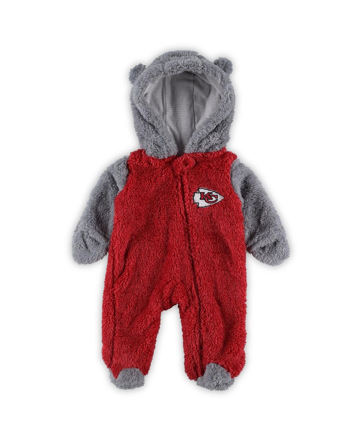 Outerstuff Babies' Newborn And Infant Boys And Girls Red, Gray Kansas City Chiefs Game Nap Teddy Fleece Bunting Full-zi In Red,gray