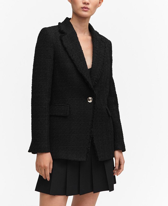 Mango - Tweed Blazer with Jewel Button Black - Xs - Women
