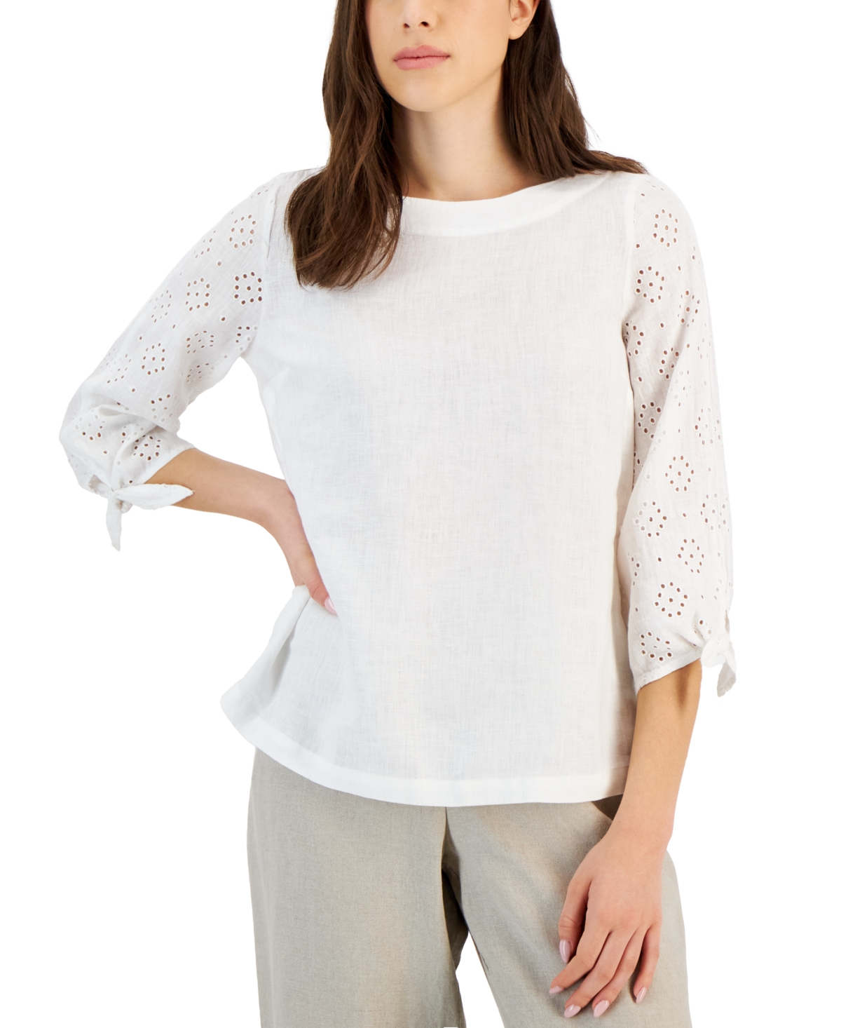 Charter Club Women's 100% Linen Eyelet-embroidered 3/4-sleeve Top, Created For Macy's In Green Frost
