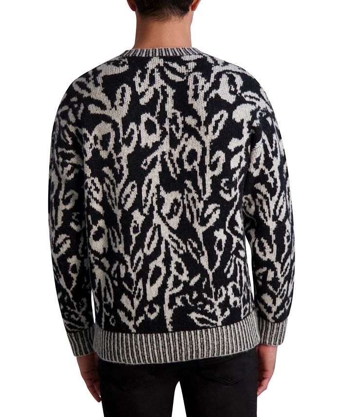 KARL LAGERFELD PARIS Men's Loose Fit Floral Jacquard Crewneck Sweater ...