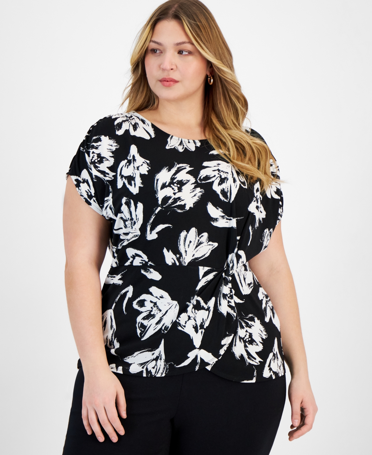 Inc International Concepts Plus Size Printed Twist-front Top, Created For Macy's In Hayden Garden